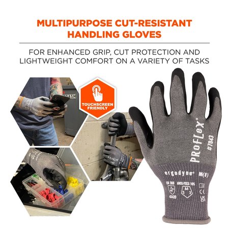 Proflex By Ergodyne Nitrile Coated CR Gloves 7043, ANSI A4, Gray, Size XL, 12 Pairs/PK 7043-12PR
